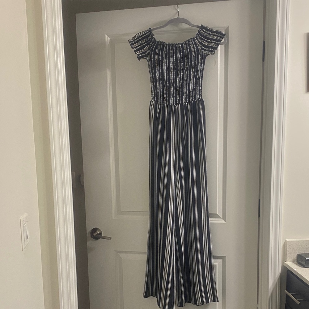 Francesca's Collections Black and White Striped Jumpsuit